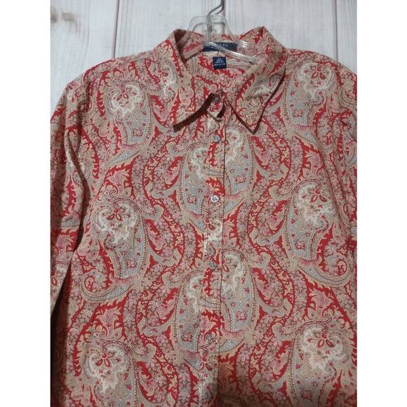 Chaps Ladies 2x Paisley Button Down Shirt Top Blouse Red Taupe Long Sleeve - Picture 3 of 7